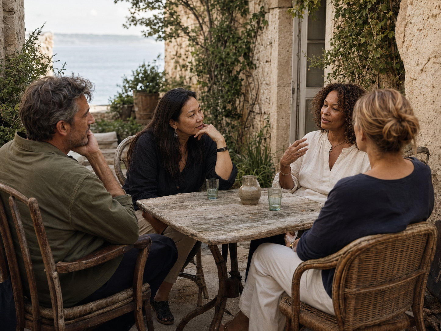 Thoughtful adults sharing a quiet conversation