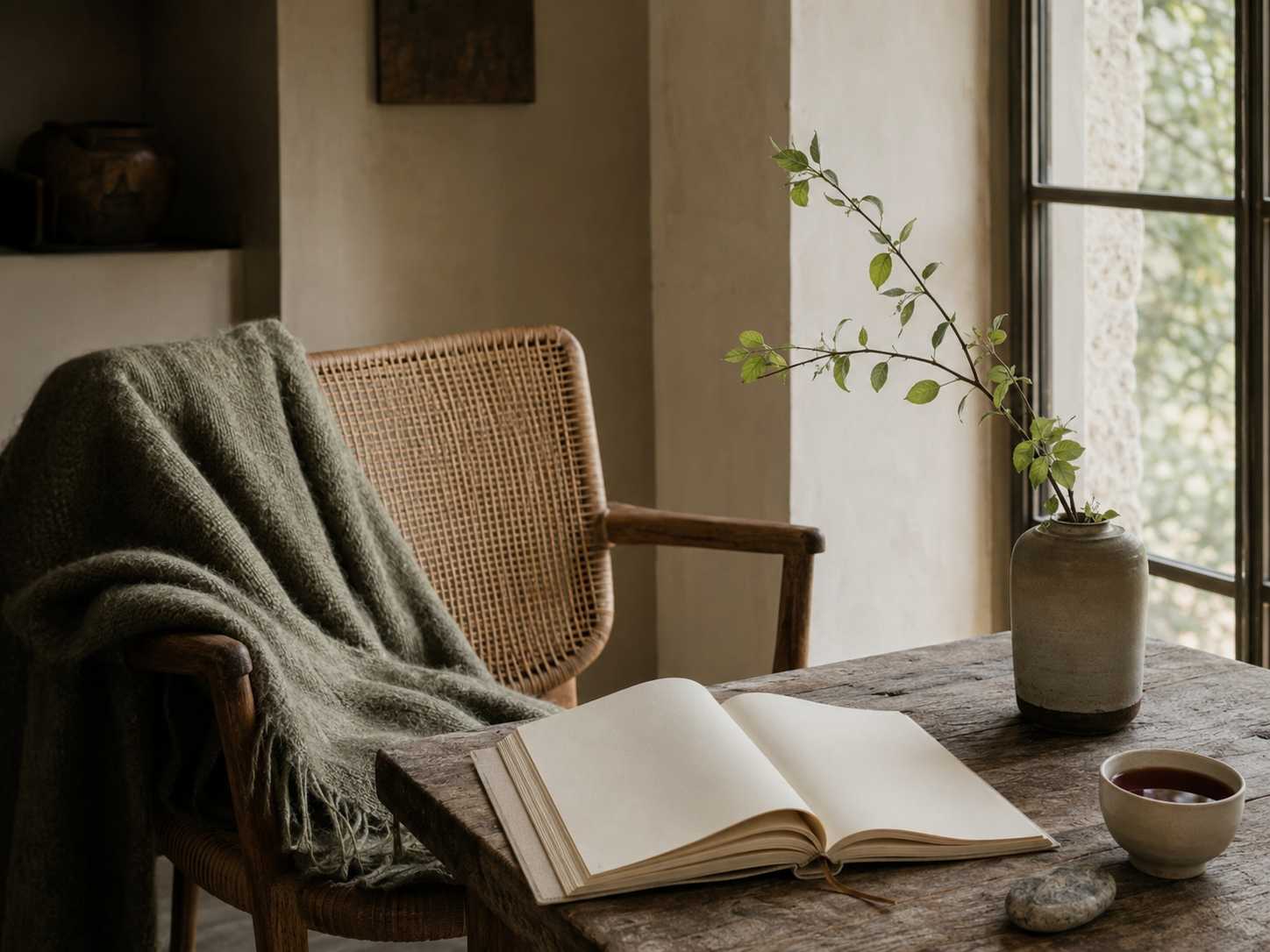 A quiet reading corner with an open journal and tea