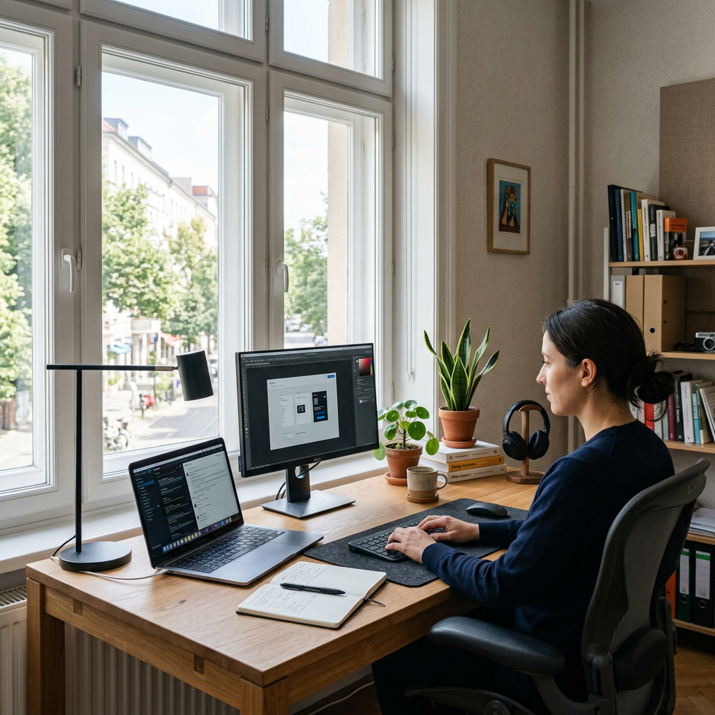 Woman working at desk with laptop, desktop monitor, and plants by windows